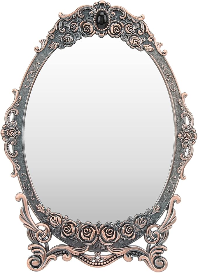 Cyrank Vintage Makeup Mirror, Oval Floral Mirror Decorative Tabletop Makeup Metal Vintage Cosmetic for Home Decorative(Red Bronze)