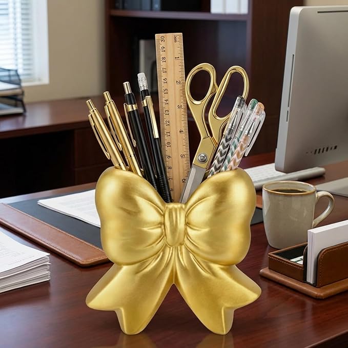 Bow Vase Coquette Ceramic Vase Pen Holder Makeup Brush Holder Contemporary Design Decorative Women Gift for Christmas Home Office Shelf Table Room(Gold,Small,Classic)
