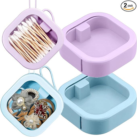 2pcs Hair Tie Organizer,Portable Travel Qtip Holder,Bathroom Storage Organizer Qtip Dispenser Cotton Swabs Dispenser Kids Hair Accessory Box with Lid for Bathroom,Desktop Organizer(2pcs Purple&Blue)