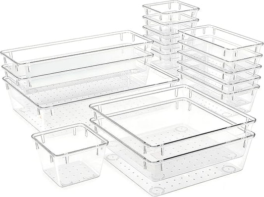 Clear Acrylic Drawer Organizer Trays, 5 Size Junk Box Organization Small Storage Container Bin for Desk Makeup Bathroom Vanity Kitchen Tool Make Up Workspace Home Dorm Apartment Office Room Nightstand