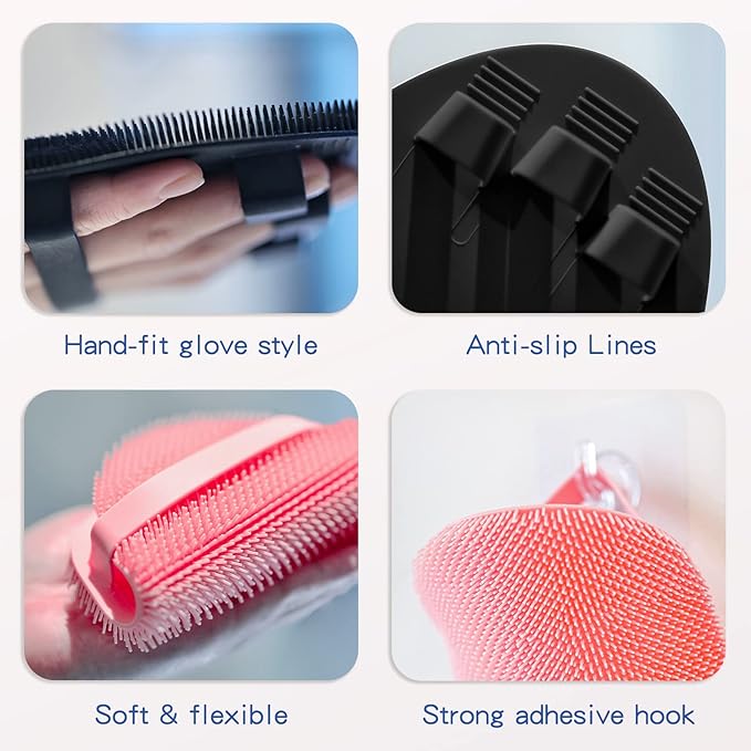 Manmihealth Silicone Back Scrubber (Thick Bristles) & Bath Glove & Face Brush Set(3PCS), Super-Exfoliating & Lathering Body Scrubber, Shower Brush, Face Scrubber Combination, with a Free Hook.(Gray)