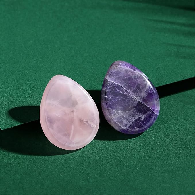 2PCS Thumb Worry Stone Rose Quartz Amethyst Healing Crystals Sets Hand Carved Stones Gemstone Pocket Natural Stone Meditation Reiki Water Drop Shaped Palm Stone for Anxiety Therapy