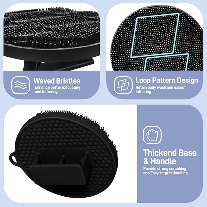 Silicone Body Scrubber 2PCS, Exfoliating Body Scrubber Shower Scrubber with Dense Bristles and Comfort Handle, Silicone Loofah Body Buffer for Good-Lathering & Deep-Cleansing(Blackx2)