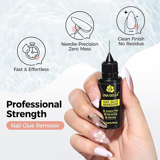 UNA GELLA Nail Glue Remover for Press on Nails，20ml Pinpoint Non-Acetone Gel Nail Glue Remover for Nails Tips，Gentle Nail Polish Remover with Upgraded Stick Easy Removal DIY Manicure Supply