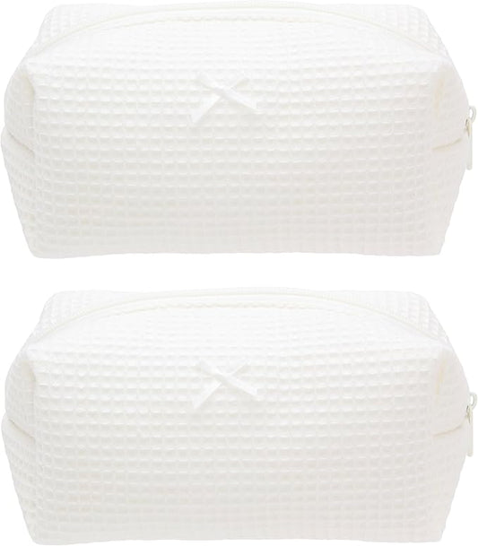 PAZIMIIK 2PCS Cozy Makeup Bag Travel Cosmetic Bag for Women Soft Toiletry Bag Aesthetic Makeup Organizer Portable Large Zipper Pouch for Skincare Beauty Accessories Brushes Waffle Check Cream White