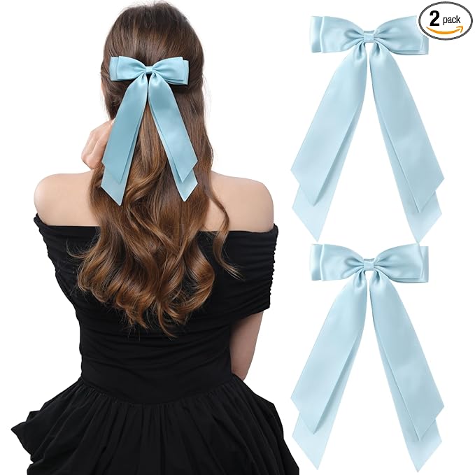 LuSeren 2 PCS Double Layer Hair Bows Light Blue Hair Ribbon Clips Ponytail Holder Accessories for Women Girls Toddlers Teens Kids
