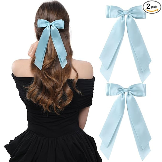 LuSeren 2 PCS Double Layer Hair Bows Light Blue Hair Ribbon Clips Ponytail Holder Accessories for Women Girls Toddlers Teens Kids