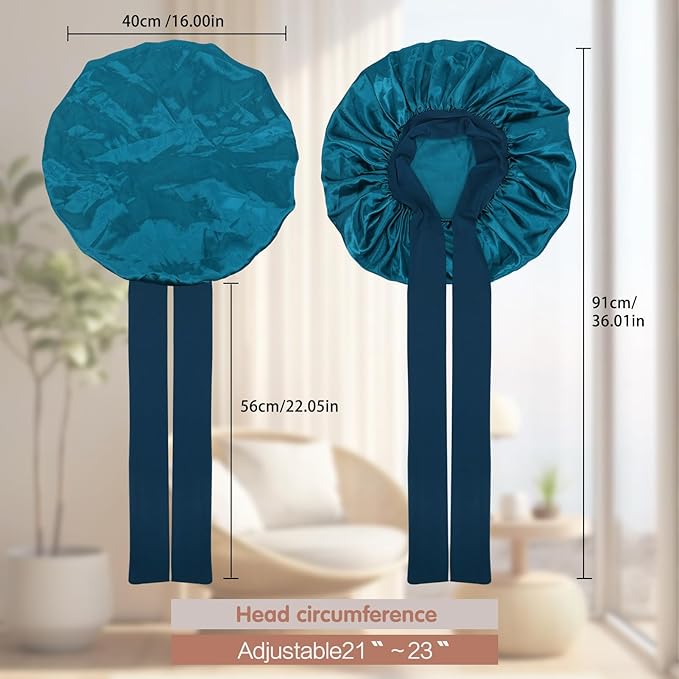 Arqumi 2 Pcs Satin Silk Bonnet for Sleeping Women, Large Long Strap Tie Band Adjustable Sleep Night Cap Hair Bonnet Wrap for Men, Black+Hole Blue
