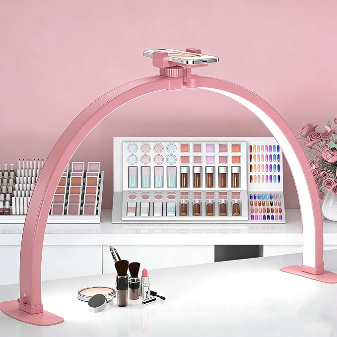Foldable Large Half Moon LED Light for Table Nail Desk with Phone Stand, Upgrade Arch Light for Nail Techs with Wire Controller for Manicure Tattoo Beauty (Pink,Large)