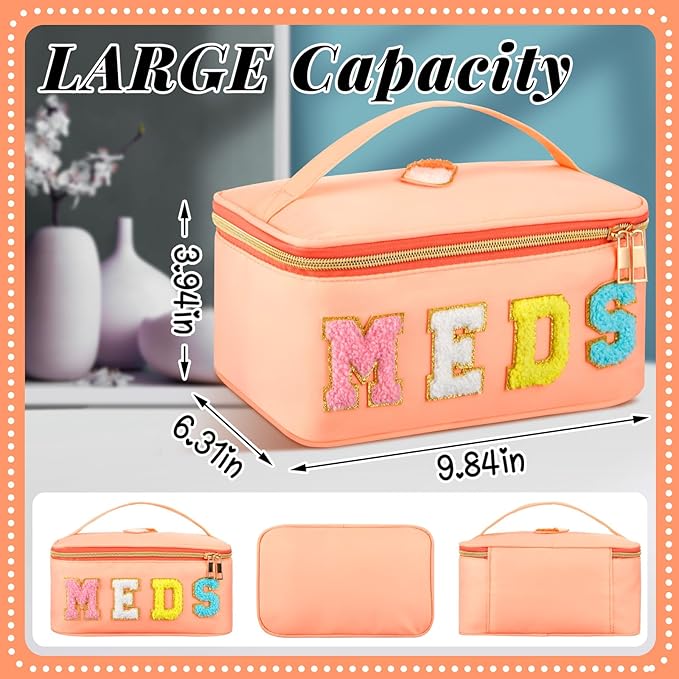Geetery Clear Makeup Bag Chenille Letter Meds Bag Travel Cases Preppy Patch with Zipper, Portable Cosmetic Toiletry Storage case for Women(Meds,Orange)