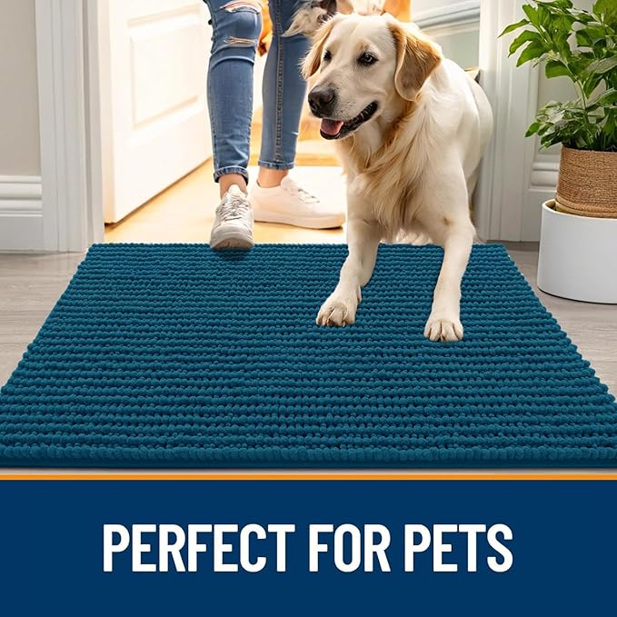 OLANLY Dog Door Mat for Muddy Paws 44x24, Ultra Absorbent Chenille Mud Doormat, Non-Slip Washable and Dirt Trapping Doormat for Indoor Entryway, Quick-Dry Indoor Pet Bed Mats for Dogs, Atlantic Blue