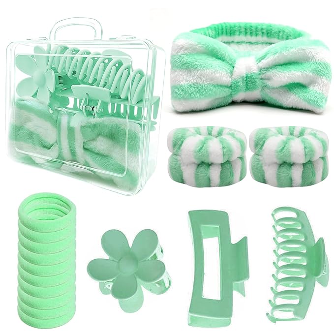 16 Pcs Skincare Headband Set, Face Washing Headband with Wristbands, Hair Claw Clips & Hair Ties, Spa Headbands for Women Girls, Perfect for Facial, Makeup, Shower, Gift Ready Box
