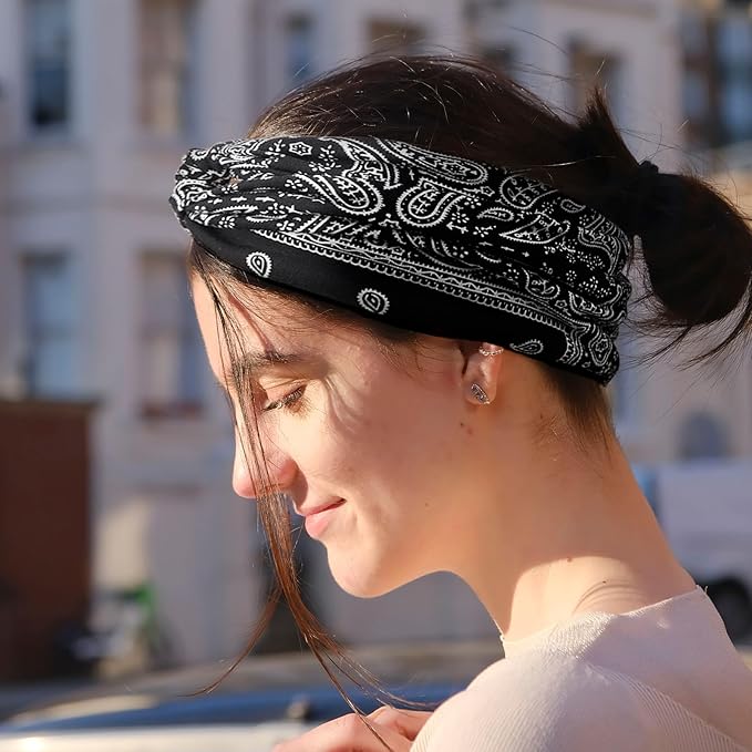 DRESHOW 4 Pack Boho Cotton Non-Slip Headbands for Women Girls Yoga Workout Running Knotted Turban Floral Elastic Head Wrap