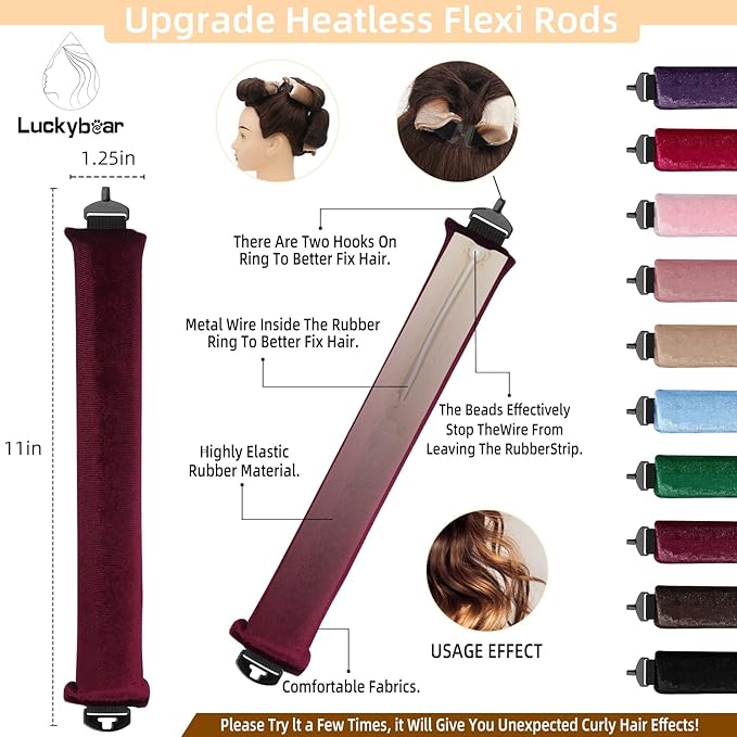 Overnight Heatless Hair Curler Blowout Rods Satin Flexi Rods for Heatless Overnight Jumbo Curls, No-Heat Styling Tools for All Hair Types, 3pcs Wine