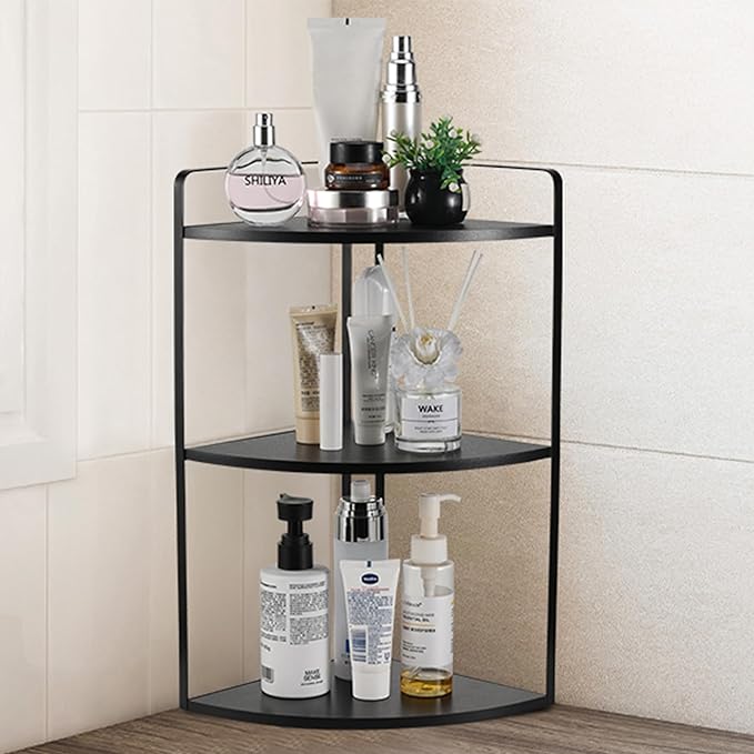 3 Tier Corner Bathroom Counter Organizer, Countertop Organizer, Vanity Organizers, Bathroom Storage Sink Shelf, Wooden and Metal Counter Shelf, Perfume Organizer for Makeup Tray (Large Capacity-Black)