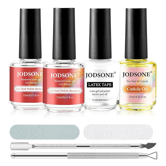 JODSONE Professional Gel Nail Polish Remover Kit:2Pcs 15ML Quick Gel Nail Polish Remover,15ML Cuticle Oil and Latex Tape Liquid,2 Sanding Strips and Steel Pushers,Remove at Home without Going Salon