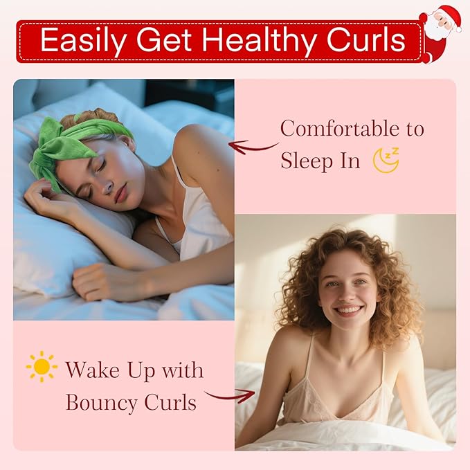 10 PCS Christmas Heatless Curls Overnight Hair Curler, 70" Overnight Curls Hair Curlers to Sleep In with Bonnet for Women Long Hair Volume, Heatless Curling DIY Set - Green