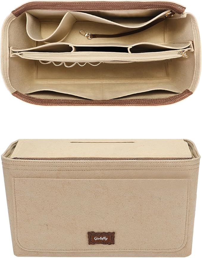 GIVLEFLY Small Purse Organizer, Felt Handbag Insert for Tote Bags, Detachable Zipper Pocket, Privacy Cover, Keychain, Fits Longchamp Neverfull, Beige