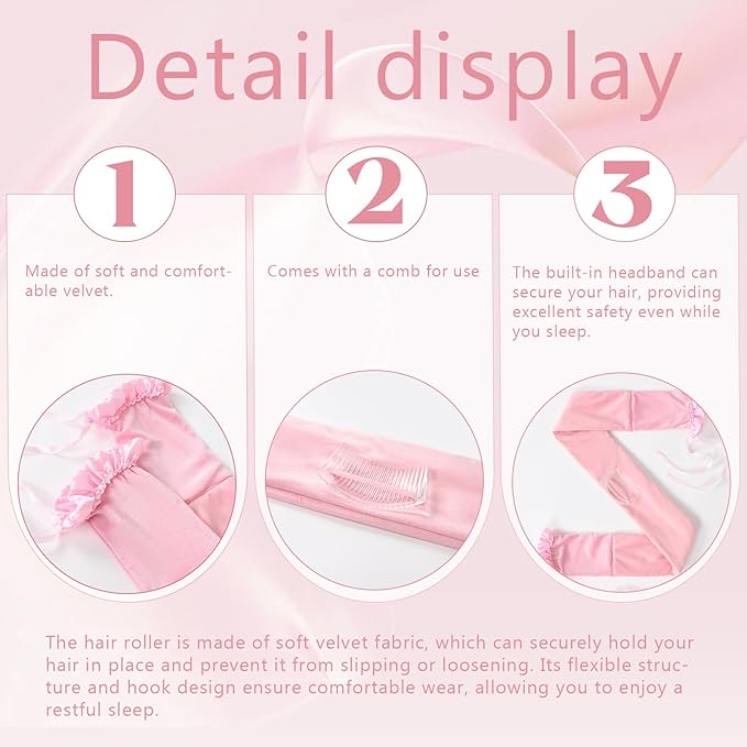 Curling Tie New Hair Curlers to Sleep in, Heatless Curls Overnight Headband, Soft Ribbon Wrap for Long Hair, Perfect Natural Curls Bouncy Curly Hairstyle Hair Suitable for All Hairs Types (Pink)