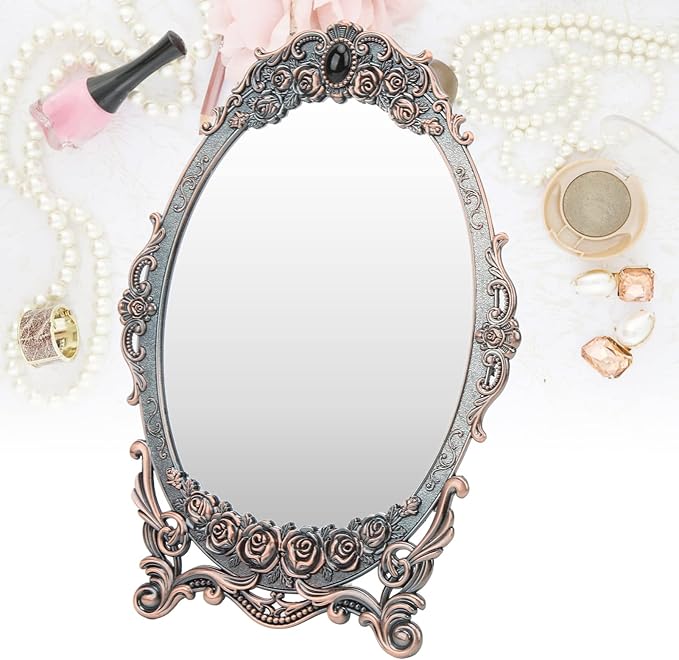 Cyrank Vintage Makeup Mirror, Oval Floral Mirror Decorative Tabletop Makeup Metal Vintage Cosmetic for Home Decorative(Red Bronze)
