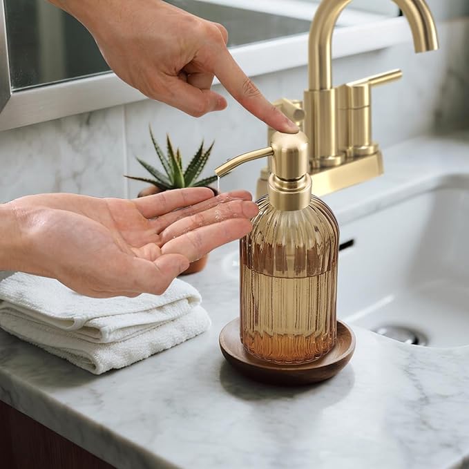 16 OZ Amber Glass Soap Dispenser, Amber Stripe Bathroom Hand Soap Dispensers with Stainless Steel Brushed Gold Pump,Brown Glass Kitchen Hand Soap Dispenser with Brushed Gold Pump