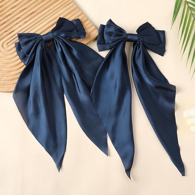 2PCS Big Hair Bow Clips for Women Girls – Navy Blue Satin Ribbon Bow Barrettes with Long Tails, Large Hair Accessories for Ponytail, Party, Wedding & Everyday Wear