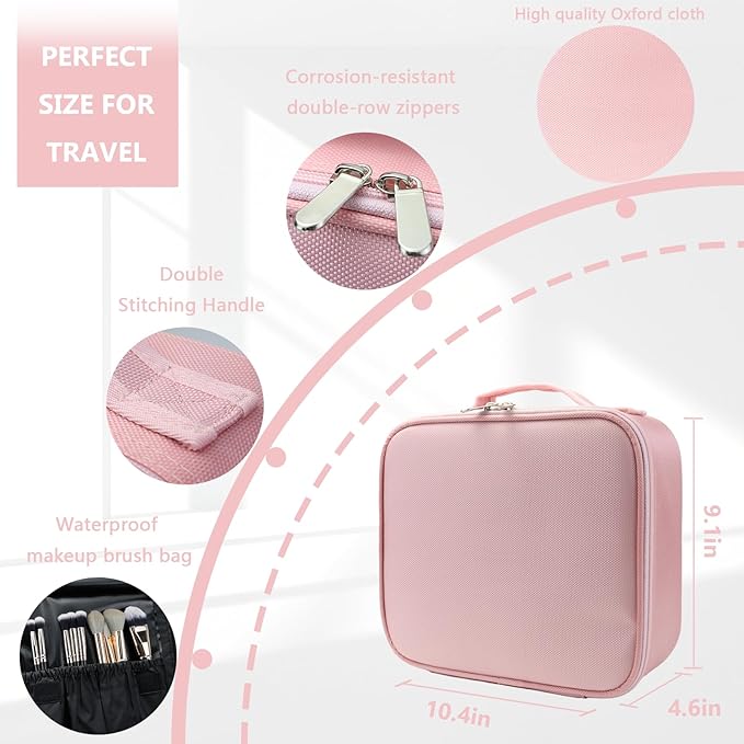 Travel Makeup Case 5 Layers Portable Makeup Train Case Cosmetic Bag Organizer Storage for Women with Adjustable Dividers and Shoulder Strap for Toiletry Travel Accessories(pink)