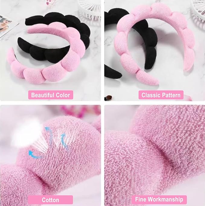 Spa Headband and Wristband Set for Women,Terry Cloth Sponge Headband for Washing Face,Makeup,Facial Mask and Skincare (Black,Pink, One Size)