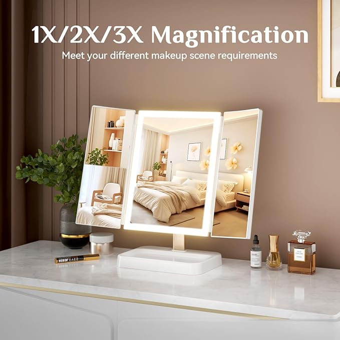 Rechargeable Large Makeup Device with Lights, 1x/2x/3x Magnification & Dimming, 3 LED Color Modes, 4H Cordless Portable Tool for Women - Perfect Valentines Gift
