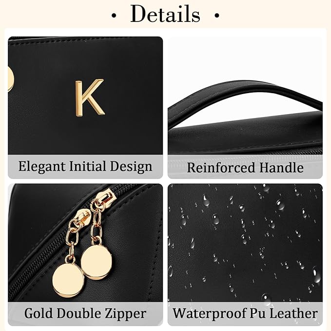 Birthday Gifts for Women Teen Girl, Personalized Initial Makeup Organizer Bag Set, Open Flat Travel Cosmetic Bag With Clear Divider and Handle(Black,K)