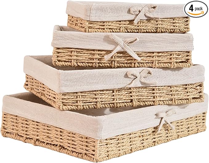 4PCS Wicker Storage Baskets Hand-woven Baskets for Shelves Rattan Basket for Bathroom Storage with Lining Decorative Rectangle Shelf Baskets Set for Pantry Kitchen Bedroom