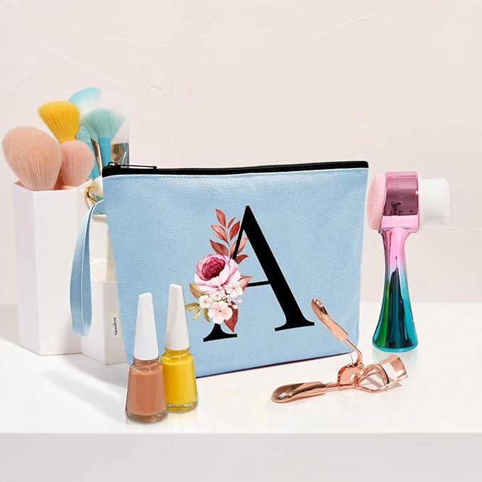 Vavabox A-Z Personalized Makeup Bag, Birthday Gifts for Women Mom, Gifts for Best Friend, Bride Bridesmaid Cosmetic bag (B, Blue)