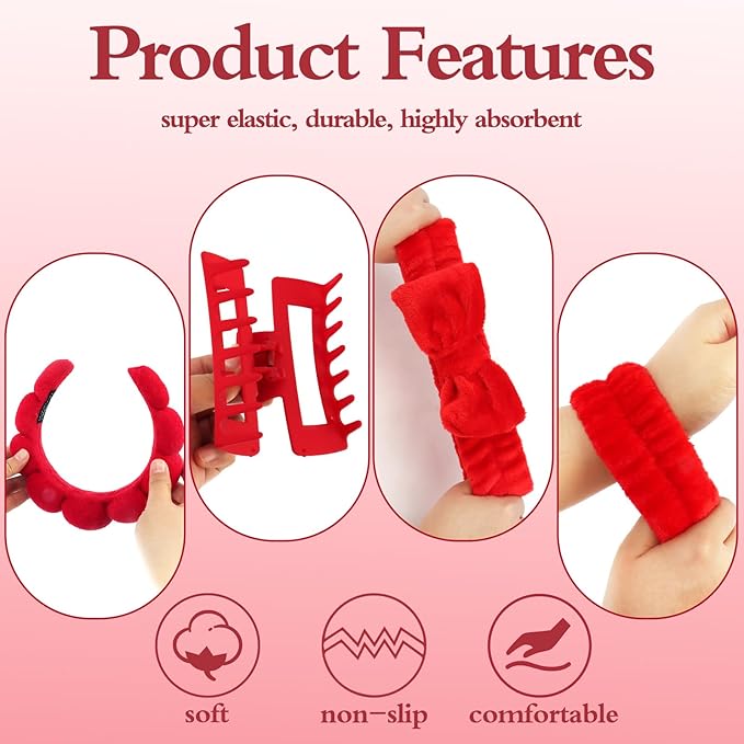Canitor Spa Headband Wrist Bands Set with Hair Clips Skincare Skin Care Makeup for Washing Face Red Gifts for Women Preppy Tween Teen Girl Cute Trendy Stuff
