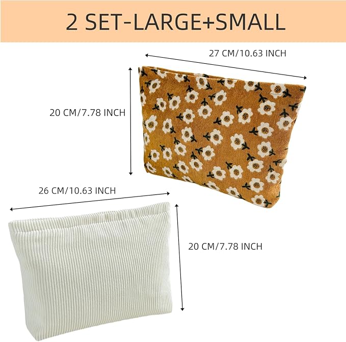2 makeup bags Women's floral lamp core velvet canvas makeup bag, travel makeup bag, wallet storage, khaki and cute beige