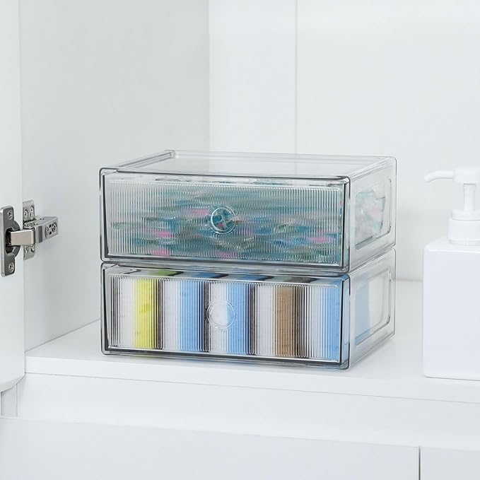 Clear Drawer Organizers for Office, Plastic Storage Box for Art Supplies, Marker Pen, School Stationery, Colored Pencils, Kitchen Accessories, Stackable Bathroom Makeup Container, 4 Drawers