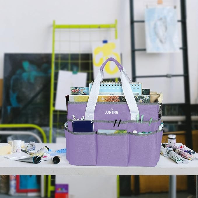 JJRING Craft Organizer Tote Bag, Large Art Storage Caddy with Multiple Pockets, Lilac Sewing Bag for Art, Craft, Scrapbooking, Medical, and Office Supplies Storage