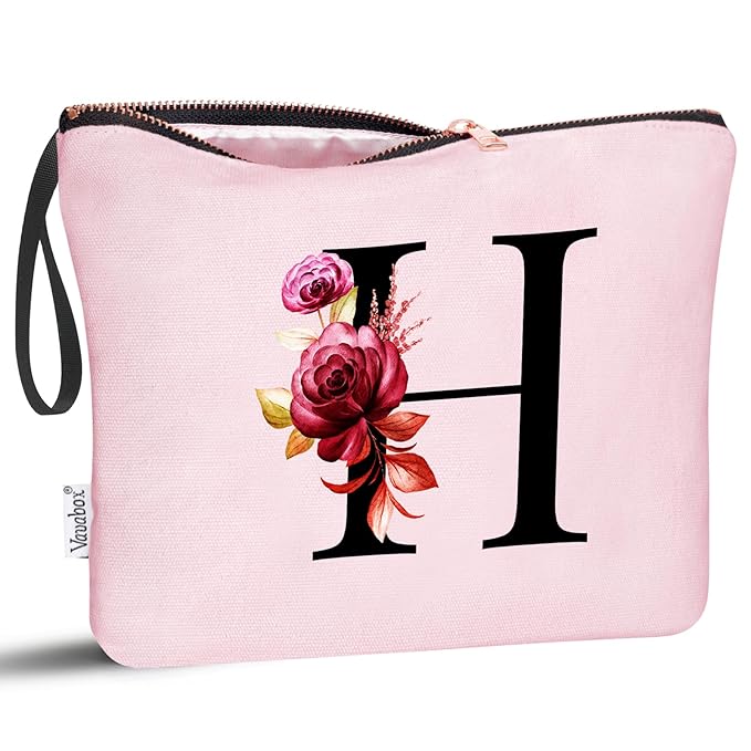 Vavabox A-Z Personalized Makeup Bag, Birthday Gifts for Women Mom, Gifts for Best Friend, Bride Bridesmaid Cosmetic bag (H, Pink)