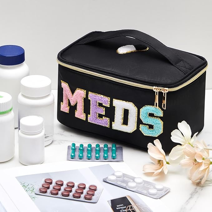 Geetery Clear Makeup Bag Chenille Letter Meds Bag Travel Cases Preppy Patch with Zipper, Portable Cosmetic Toiletry Storage case for Women(Meds,Black)