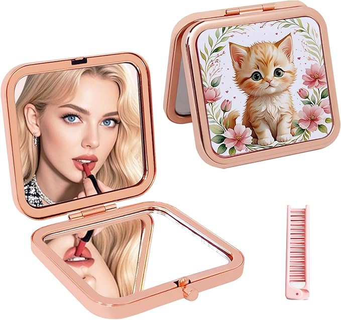 Featuring an Adorable Orange Kitten and Pink Floral Print on The Surface, it Comes with a Matching mini Comb, Perfect for Touch-ups and on-The-go use.