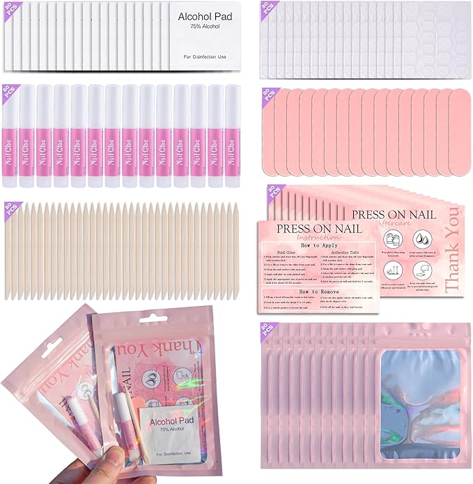Disposable Nail Supplies Kits,Professional Manicure Press On Nail Tool Kit with Nail File,Adhesive Tabs,Nail Glue,Sticks, Prep Pads,Bags,Cards for Nail Business (140pcs20set-pink)