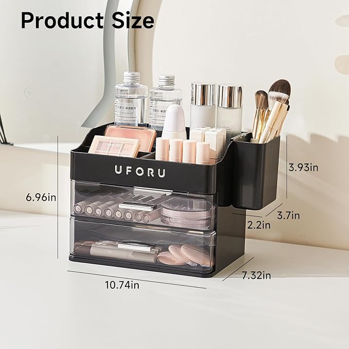Makeup Organizer for Vanity with Brush Holder, Countertop Skincare Organizer with 2 Drawers, Spacious Cosmetic Display Case for Perfumes, Cologne, Shaving Lotion