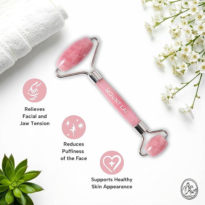 Mount Lai De-Puffing Rose Quartz Facial Roller – The Stone of Love, Certified Rose Quartz Face Roller for Anti-Aging, Soothing & Radiant Skin, Facial Massager Tool for Self-Care Ritual