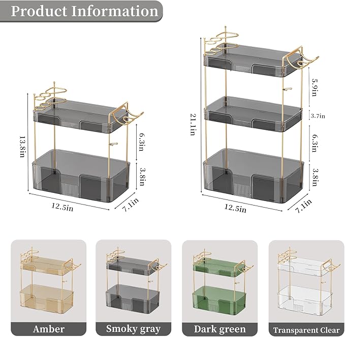 2 Tier Bathroom Organizer Countertop Makeup Perfume Tray Skincare Organizer Comes with Hair Dryer Rack and Toothbrush Holder for Bathroom Dresser Vanity (Grey)