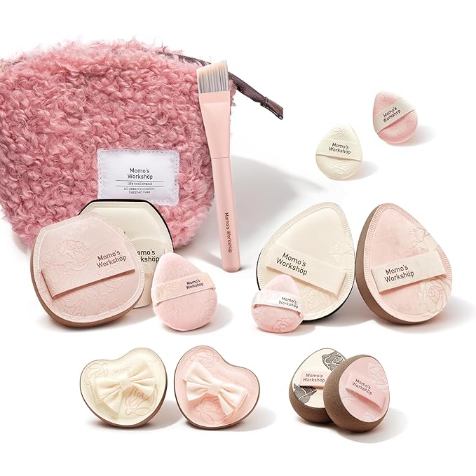 Rose Series Makeup Sponge & Brush Set, 13-Piece Beauty Puffs Kit with Beauty Pouch, High-Density Rubycell & Velour Puffs for Foundation, Concealer, Powder