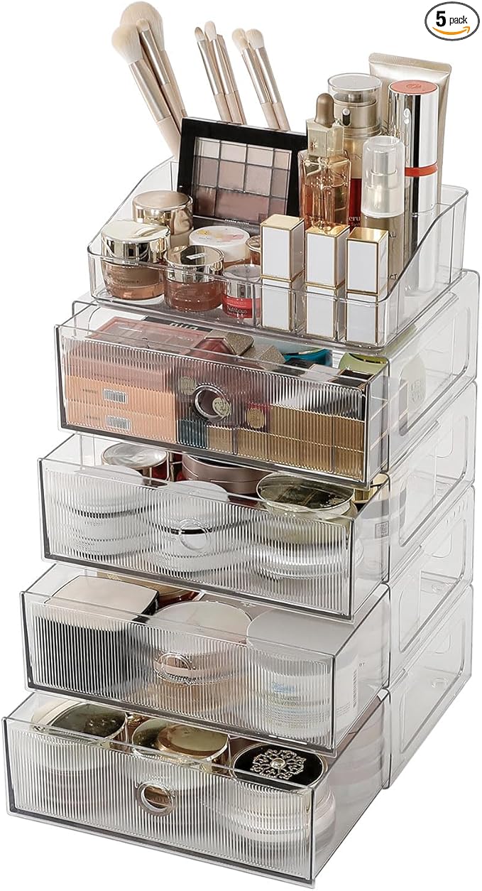5-Tiers Makeup Organizer with Drawer for Vanity, Stackable Bathroom Storage Box for Beauty Essentials, Skincare Products, Cosmetic Brushes, Perfume Stand, Clear Lipsticks Holder