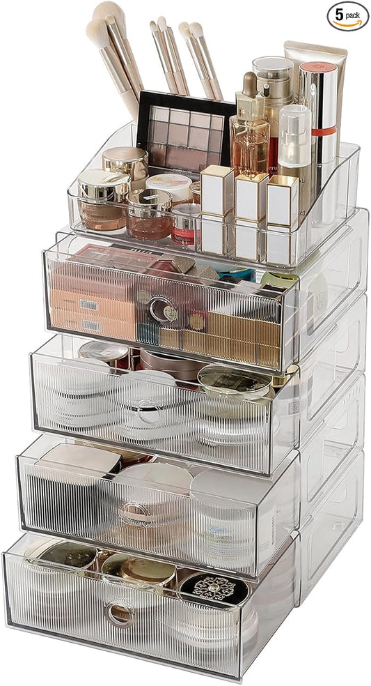 5-Tiers Makeup Organizer with Drawer for Vanity, Stackable Bathroom Storage Box for Beauty Essentials, Skincare Products, Cosmetic Brushes, Perfume Stand, Clear Lipsticks Holder