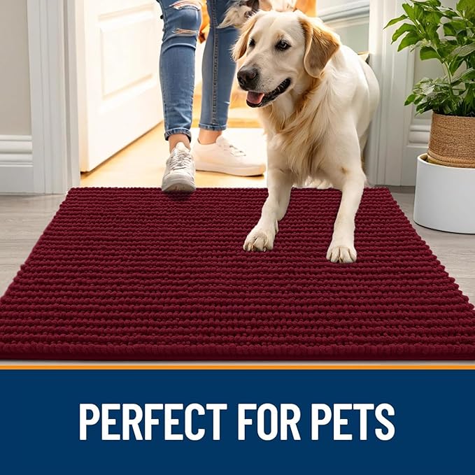 OLANLY Dog Door Mat for Muddy Paws 70x24, Ultra Absorbent Chenille Mud Doormat, Non-Slip Washable and Dirt Trapping Doormat for Indoor Entryway, Quick-Dry Indoor Pet Bed Mats for Dogs, Burgundy