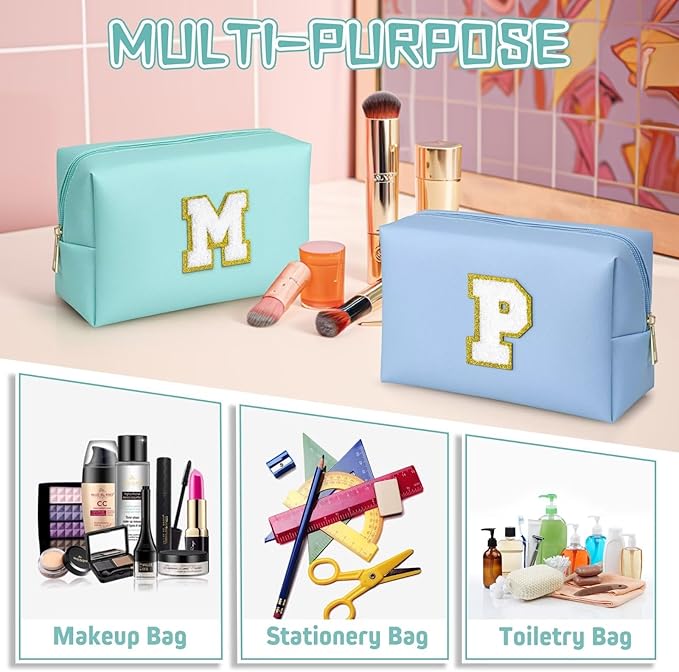 TOPEAST Preppy Makeup Bag, Cute Makeup Pouch PU Leather Waterproof Cosmetic Bag, Personalized Birthday Gifts for Mom Teacher Friends Bridesmaids Nurse, Trendy Stuff for Girls (Blue I)