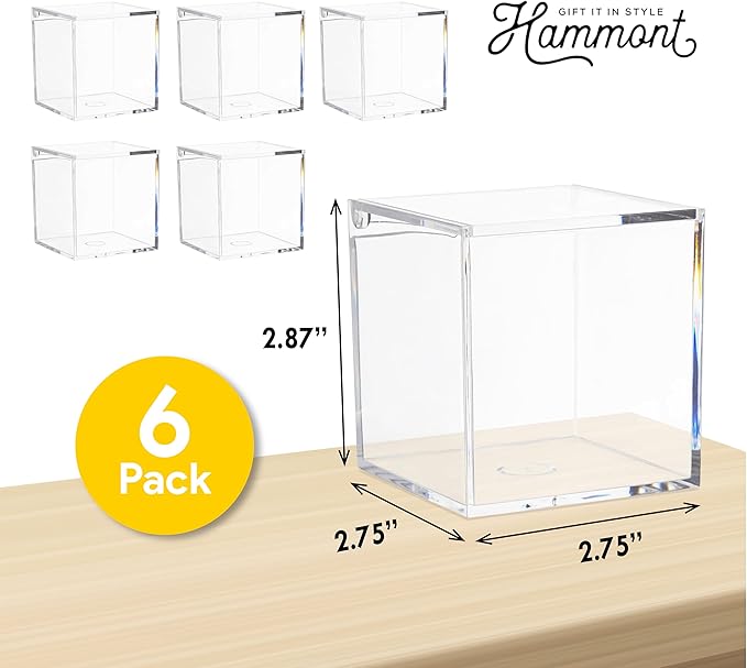Hammont Clear Acrylic Box with Hinged Lid – Small Plastic Organizer for Office, Desk, Makeup, Crafts, Cotton Balls, Jewelry & More | 2.75” x 2.75” x 3” (6 Pack)