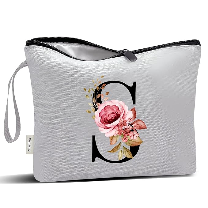 Vavabox A-Z Personalized Makeup Bag, Birthday Gifts for Women Mom, Gifts for Best Friend, Bride Bridesmaid Cosmetic bag (S, Grey)